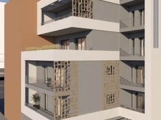 Fünfstöckiges Mehrfamilienhaus mit offener ebenerdiger Parkfläche zwischen Pilotis mit Untergeschoss und Dachgeschoß