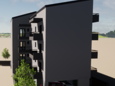 Three storey apartment building with basement and commercial space on ground floor