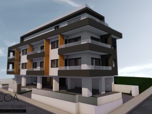 Four-storey apartment building on pilotis with basement and attic