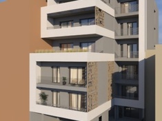 Five storey apartment building with open ground-floor parking area between pilotis with basement and Attic
